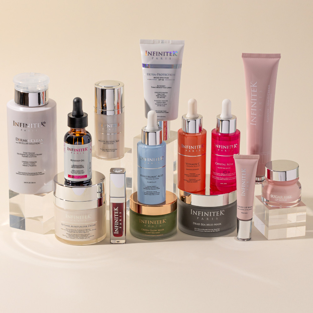 foto productos infinitek paris vitamina c, retinol, mascarillas, tinta, protector solar, etc